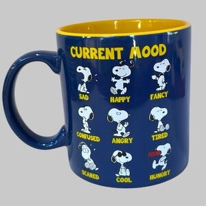 NWT PEANUTS SNOOPY CURRENT MOOD NAVY BLUE YELLOW CERAMIC MUG 20oz.